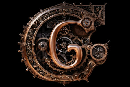 letter g, steampunk style, on black background, created with generative aiの素材