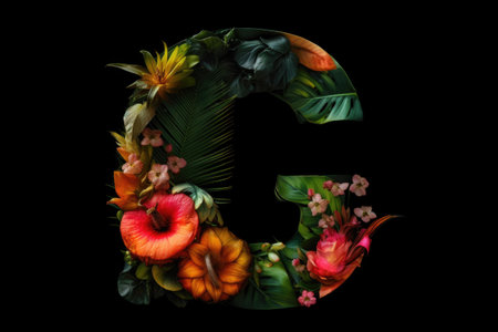 letter g, tropical style, on black background, created with generative aiの素材