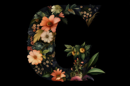 letter g, floral and botanical style, on black background, created with generative aiの素材