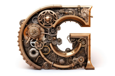 letter g, steampunk style, on white background, created with generative aiの素材
