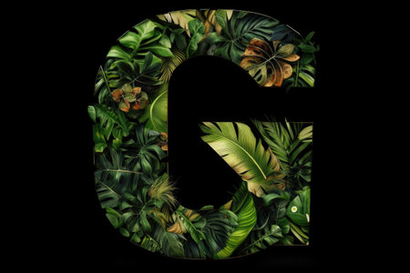 letter g, jungle style, on black background, created with generative aiの素材