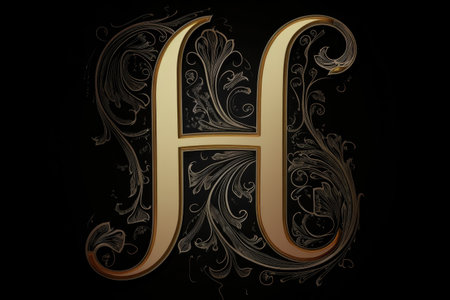 letter h, calligraphic style, on black background, created with generative aiの素材