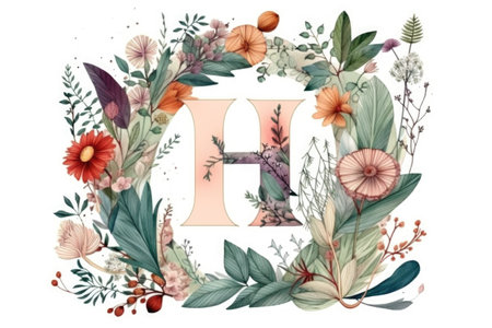 letter h, floral and botanical style, on white background, created with generative aiの素材