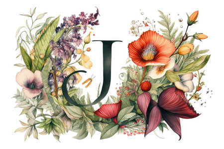 letter j, floral and botanical style, on white background, created with generative aiの素材