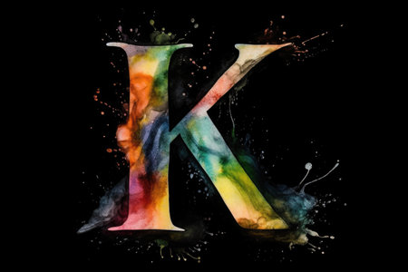 letter k, watercolor style, on black background, created with generative aiの素材