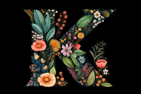 letter k, floral and botanical style, on black background, created with generative aiの素材