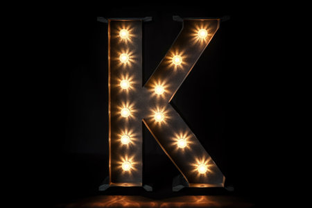 letter k, marquee lights style, on black background, created with generative aiの素材