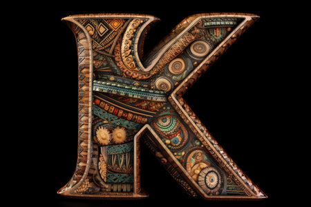letter k, mayan style, on black background, created with generative aiの素材