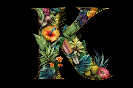 letter k, tropical style, on black background, created with generative aiの素材