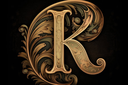 letter k, calligraphic style, on black background, created with generative aiの素材