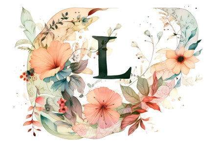 letter l, floral and botanical style, on white background, created with generative aiの素材
