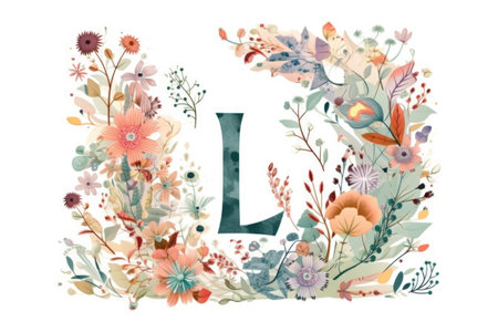 letter l, floral and botanical style, on white background, created with generative aiの素材