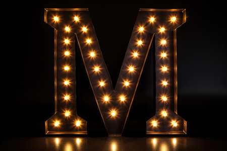 letter m, marquee lights style, on black background, created with generative aiの素材
