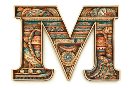 letter m, mayan style, on white background, created with generative aiの素材