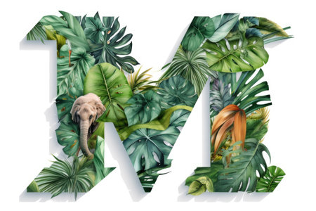 letter m, jungle style, on white background, created with generative aiの素材