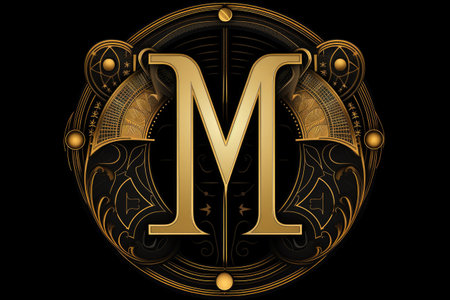 letter m, art deco style, on black background, created with generative aiの素材