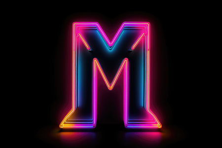letter m, retro 80s neon style, on black background, created with generative aiの素材