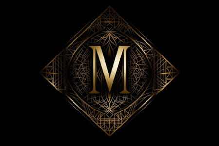 letter m, geometric patterns style, on black background, created with generative aiの素材