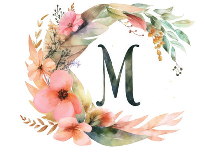 letter m, watercolor style, on white background, created with generative aiの素材