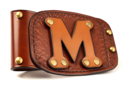 letter m, from leather, on white background, created with generative aiの素材