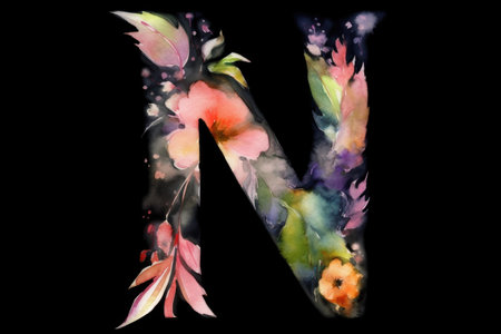 letter n, watercolor style, on black background, created with generative aiの素材