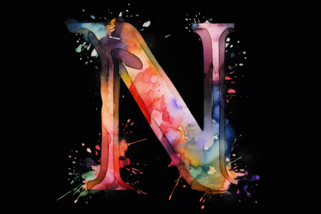 letter n, watercolor style, on black background, created with generative aiの素材