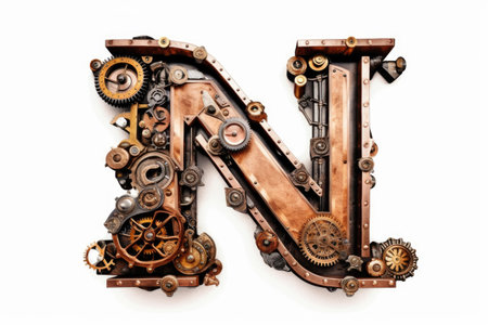 letter n, steampunk style, on white background, created with generative aiの素材