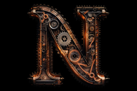 letter n, steampunk style, on black background, created with generative aiの素材