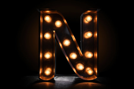 letter n, marquee lights style, on black background, created with generative aiの素材