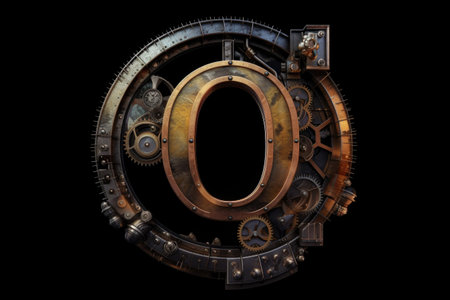 letter o, steampunk style, on black background, created with generative aiの素材