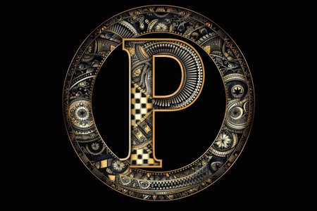 letter p, geometric patterns style, on black background, created with generative aiの素材