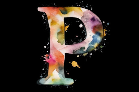 letter p, watercolor style, on black background, created with generative aiの素材