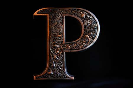 letter p, celtic style, on black background, created with generative aiの素材