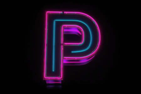 letter p, retro 80s neon style, on black background, created with generative aiの素材