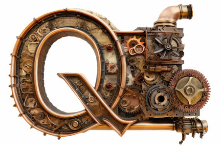 letter q, steampunk style, on white background, created with generative aiの素材