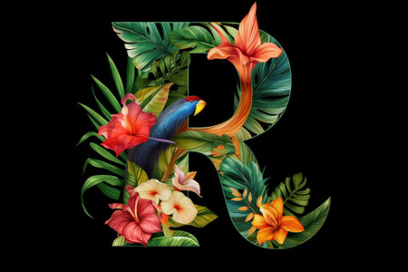 letter r, tropical style, on black background, created with generative aiの素材