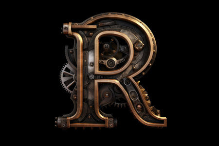 letter r, steampunk style, on black background, created with generative aiの素材