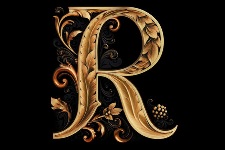 letter r, calligraphic style, on black background, created with generative aiの素材