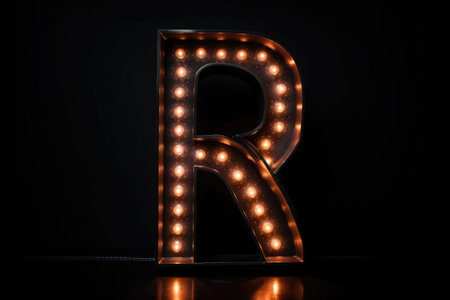 letter r, marquee lights style, on black background, created with generative aiの素材
