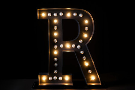 letter r, marquee lights style, on black background, created with generative aiの素材
