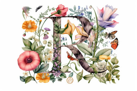 letter r, floral and botanical style, on white background, created with generative aiの素材