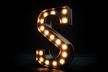 letter s, marquee lights style, on black background, created with generative aiの素材