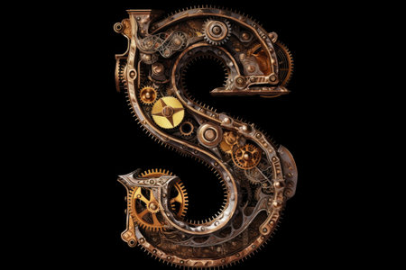 letter s, steampunk style, on black background, created with generative aiの素材