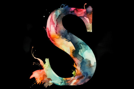 letter s, watercolor style, on black background, created with generative aiの素材