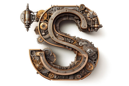 letter s, steampunk style, on white background, created with generative aiの素材