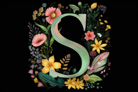 letter s, floral and botanical style, on black background, created with generative aiの素材