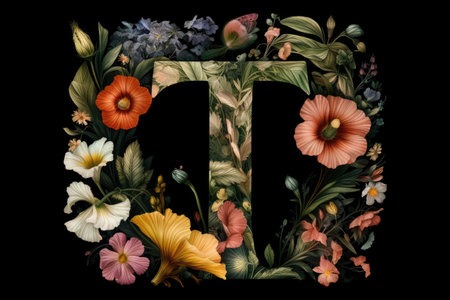 letter t, floral and botanical style, on black background, created with generative aiの素材