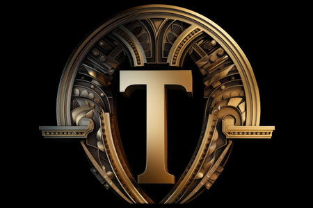 letter t, art deco style, on black background, created with generative aiの素材