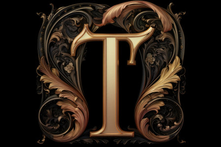 letter t, calligraphic style, on black background, created with generative aiの素材