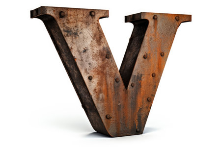 letter v, from rusty metal, on white background, created with generative aiの素材